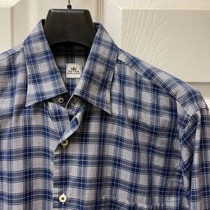 Peter Millar Men's Sz Medium Blue & White Textured Plaid Button Up 100% Cotton